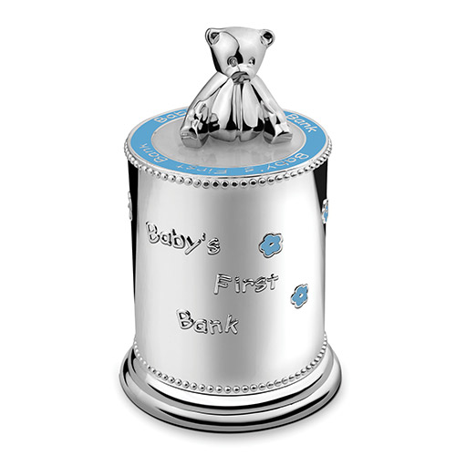 Engraved Silver Plated Baby's Money Bank (Blue)