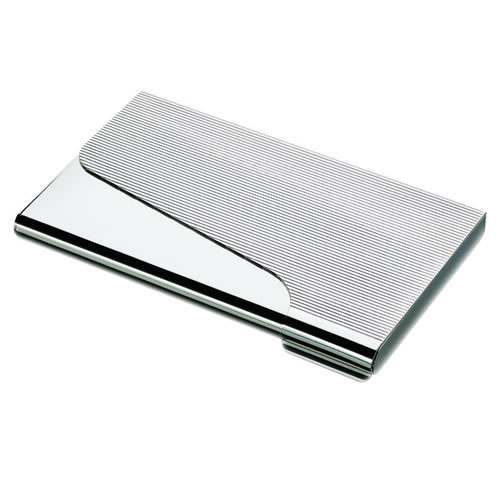 Engraved Silver Business Card Case with Ribbed Curved Lid