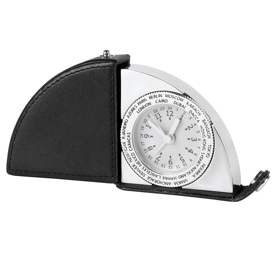 Engraved Leather & Silver Folding Travel Clock